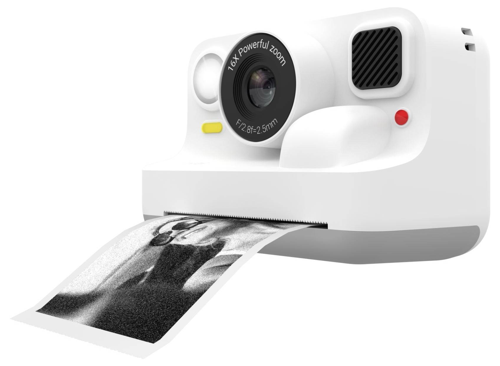 Bijeli trenutni fotoaparat koji ispisuje crno-bijelu fotografiju
