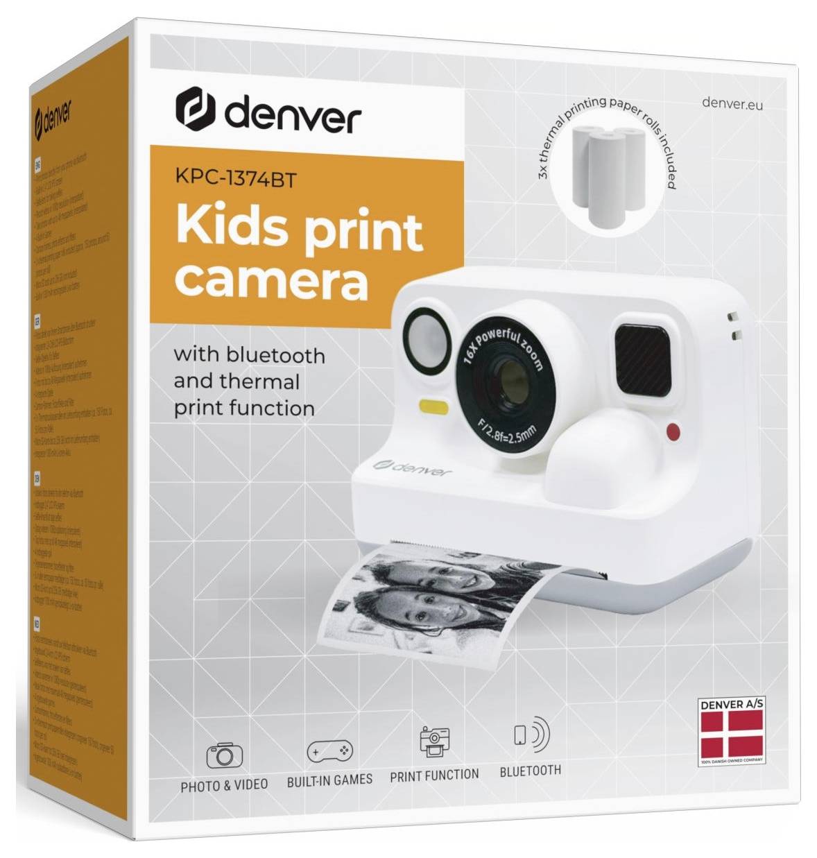 Kutija za Denverovu KPC-1374BT dječju kamera za ispis s Bluetooth i funkcijom termičkog ispisa, prikazana s uzorkom ispisane fotografije.