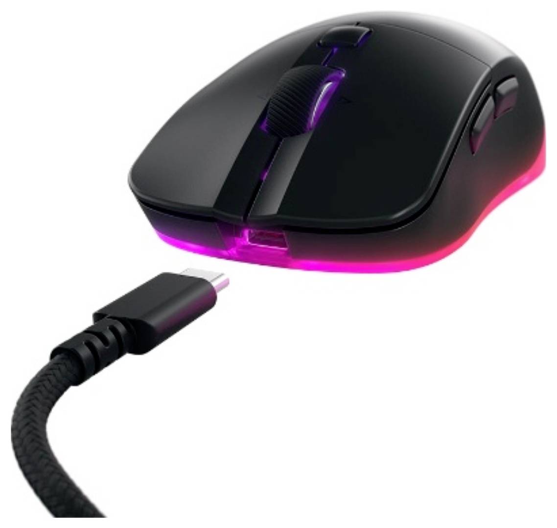 Crni wired računalni miš CHERRY XTRFY s kotačem za pomicanje i bočnim gumbima na bijeloj pozadini.