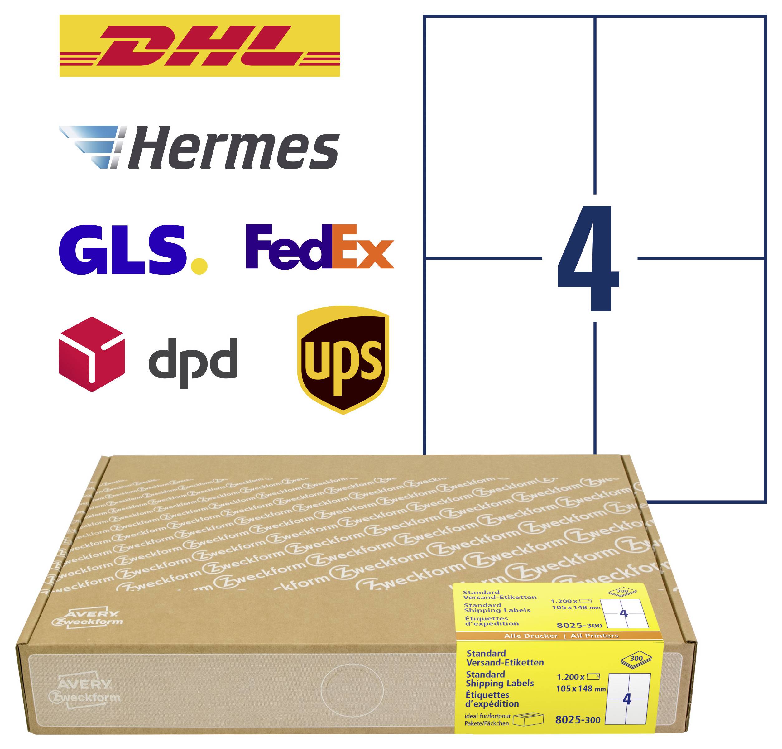 Usporedba veličine paketa za dostavu koja pokazuje logotipe prijevoznika DHL, Hermes, GLS, FedEx, dpd i UPS pored velike kutije označene sa '4' i kartonske kutije za dostavu ispod nje.
