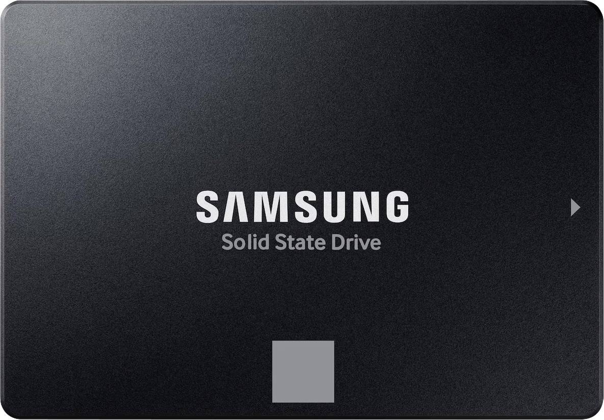 Frontalni pogled na Samsung čvrsti disk, crni pravokutni uređaj sa centriranim logotipom i malom ikonom strelice na desnoj strani.
