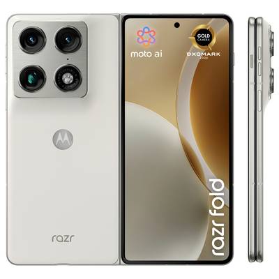 Motorola Razr sklopivi telefon prikazan s prednje, stražnje i bočne strane u bež boji, s trostrukim kamerama s poleđine i 'razr fold' branding na zaslonu.