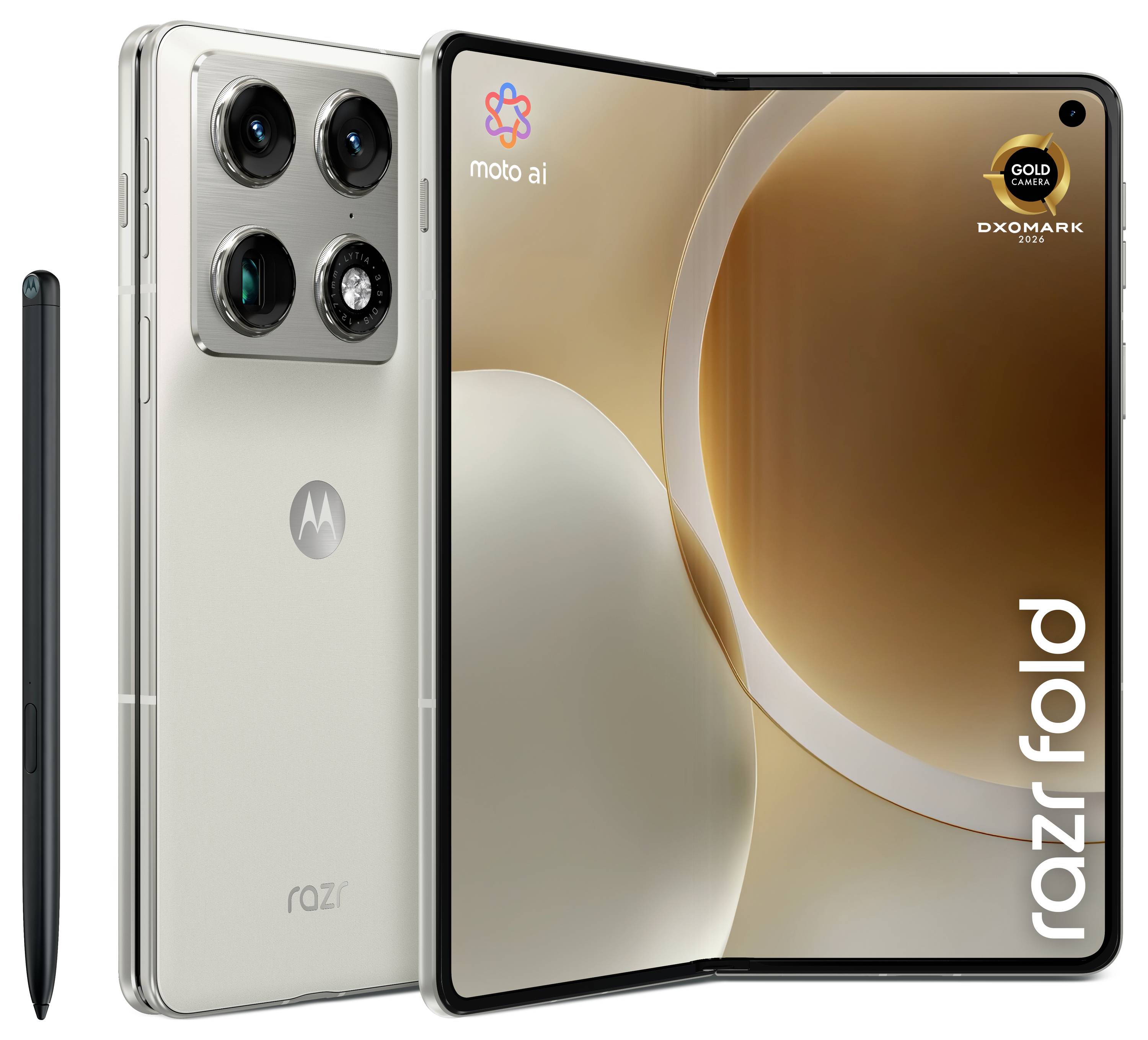 Sklopivi Motorola Razr telefon prikazan otvoren, prikazi prednje i stražnje strane; zaslon prikazuje 'moto ai', 'GOLD CAMERA' i 'razr fold' branding.