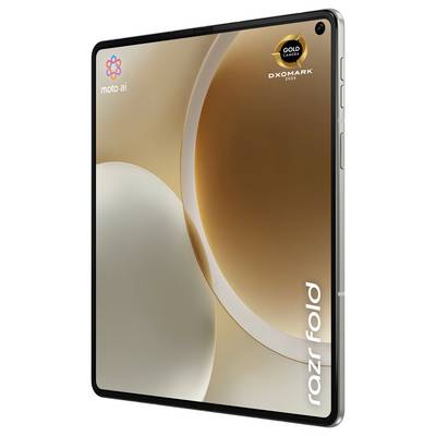 Prikaz sprednje strane Motorola Razr Fold pametnog telefona s teal apstraktnom pozadinom, logotipom 'moto ai' i znakom 'DXOMARK Gold Camera 2024' na zaslonu.