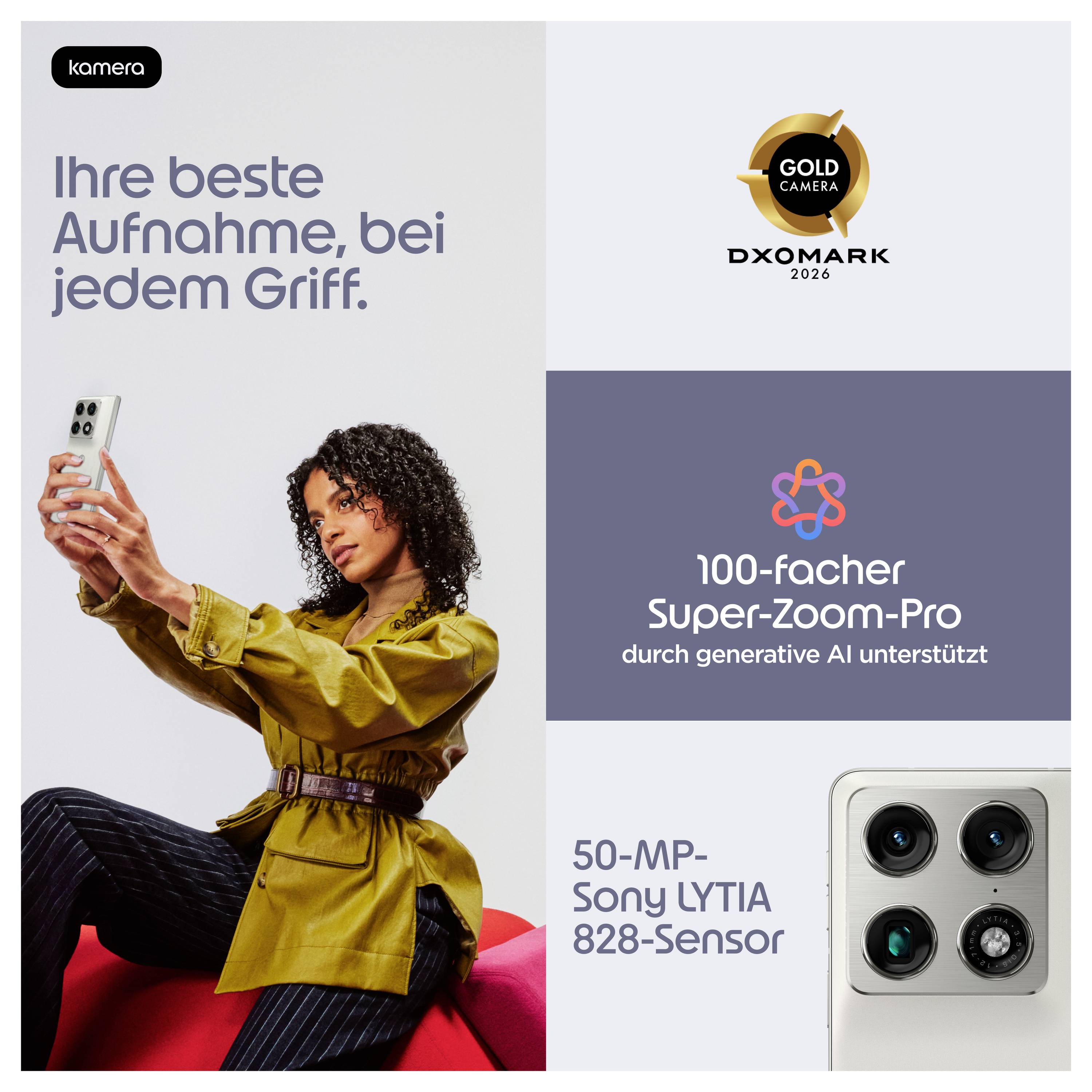 Kamertv? Smartphone reklama koja prikazuje ženu kako snima selfie, s njemačkim tekstom koji promovira najbolje snimke, 100x AI super zumiranje, i 50-MP Sony LYTIA 828 senzor, plus DXOMARK Gold Camera 2026 značka.