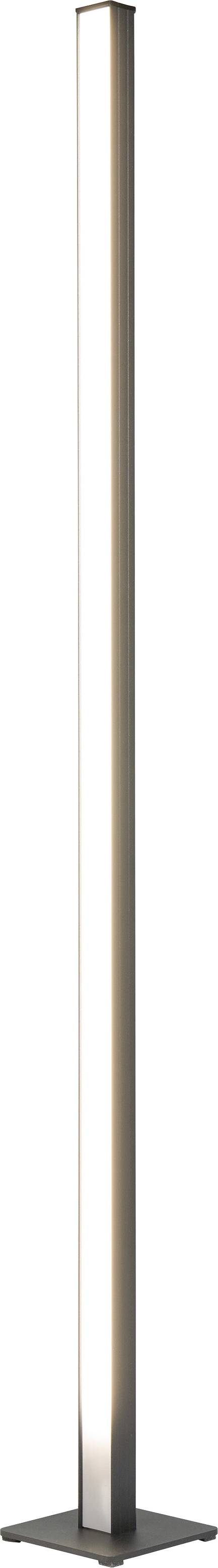 Visokog i vitka podna lampa s uskim pravokutnim svjetlosnim trakama i tamnom kvadratnom bazom na bijeloj pozadini.