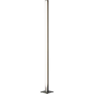 Visokog i vitka podna lampa s uskim pravokutnim svjetlosnim trakama i tamnom kvadratnom bazom na bijeloj pozadini.