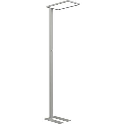 Visoka siva podna lampa s pravokutnom gornjom svjetlom i uskim postoljem na bijeloj pozadini.