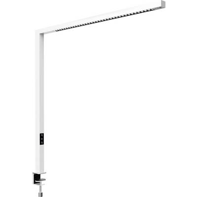 Bijela podesiva LED stona lampa sa stezaljkom za priklapanje i tankom vertikalnom krakijom na običnoj bijeloj pozadini.