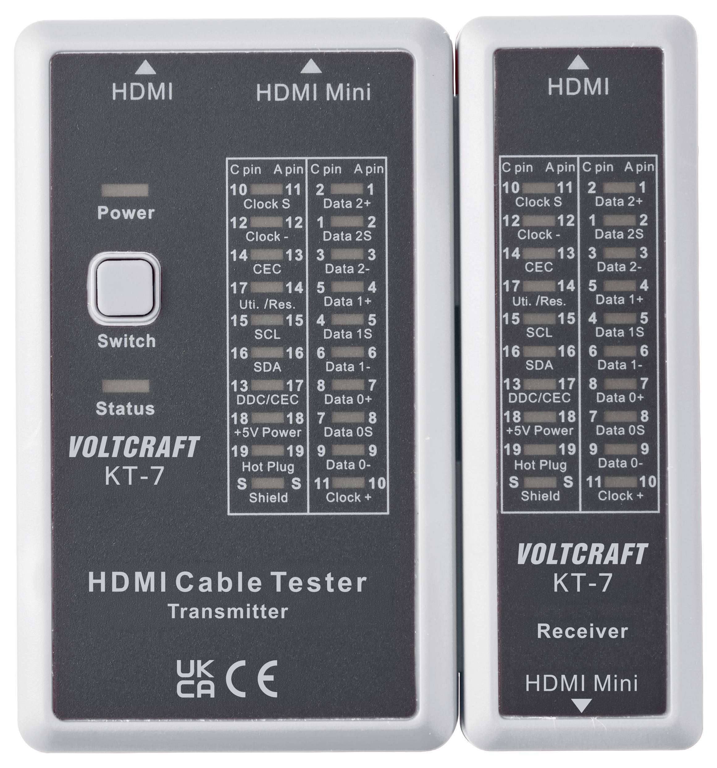 Dva modula VOLTCRAFT KT-7 za testiranje HDMI kabela, predajnik i prijemnik, prikazujući oznake raspored pinova za HDMI/HDMI Mini priključke i prekidač napajanja.