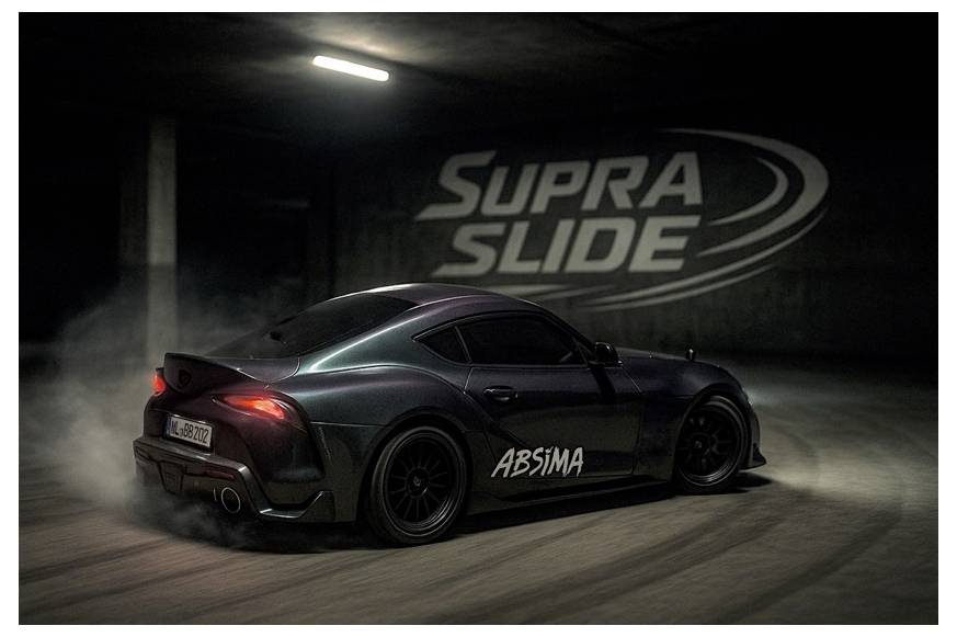 Crni sportski automobil koji klizi kroz mračan tunel, sa 'SUPRA SLIDE' naslikano na zidu i 'ABSIMA' na vratima.