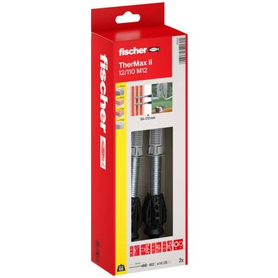 Paket fischer TherMax II 12/110 M12 nosivih sidara za montažu na zid u crvenoj kutiji, prikazujući dva sidra i raspon opterećenja 64-170 mm.