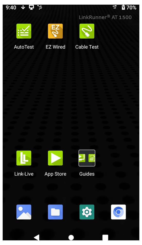 Android početni zaslon prikazuje ikone aplikacije LinkRunner AT 1500: AutoTest, EZ Wired, Cable Test, Link-Live, App Store, Guides, Photos, Files, Settings i Camera.