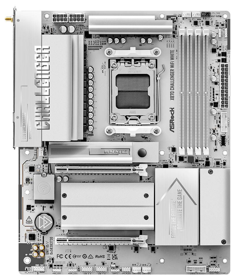 ASRock Challenger White matična ploča s Intel CPU utičnicom, utorima za RAM, utorima za proširenje, hladnjacima i zaglavlje za napajanje/povezivost.