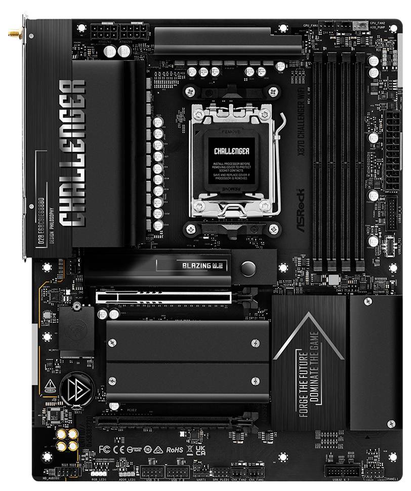 Crna ASRock 'Challenger' matična ploča s CPU utičnicom, utorima za RAM, PCIe utorima i tekstom 'Forgive the future, dominate the game'.