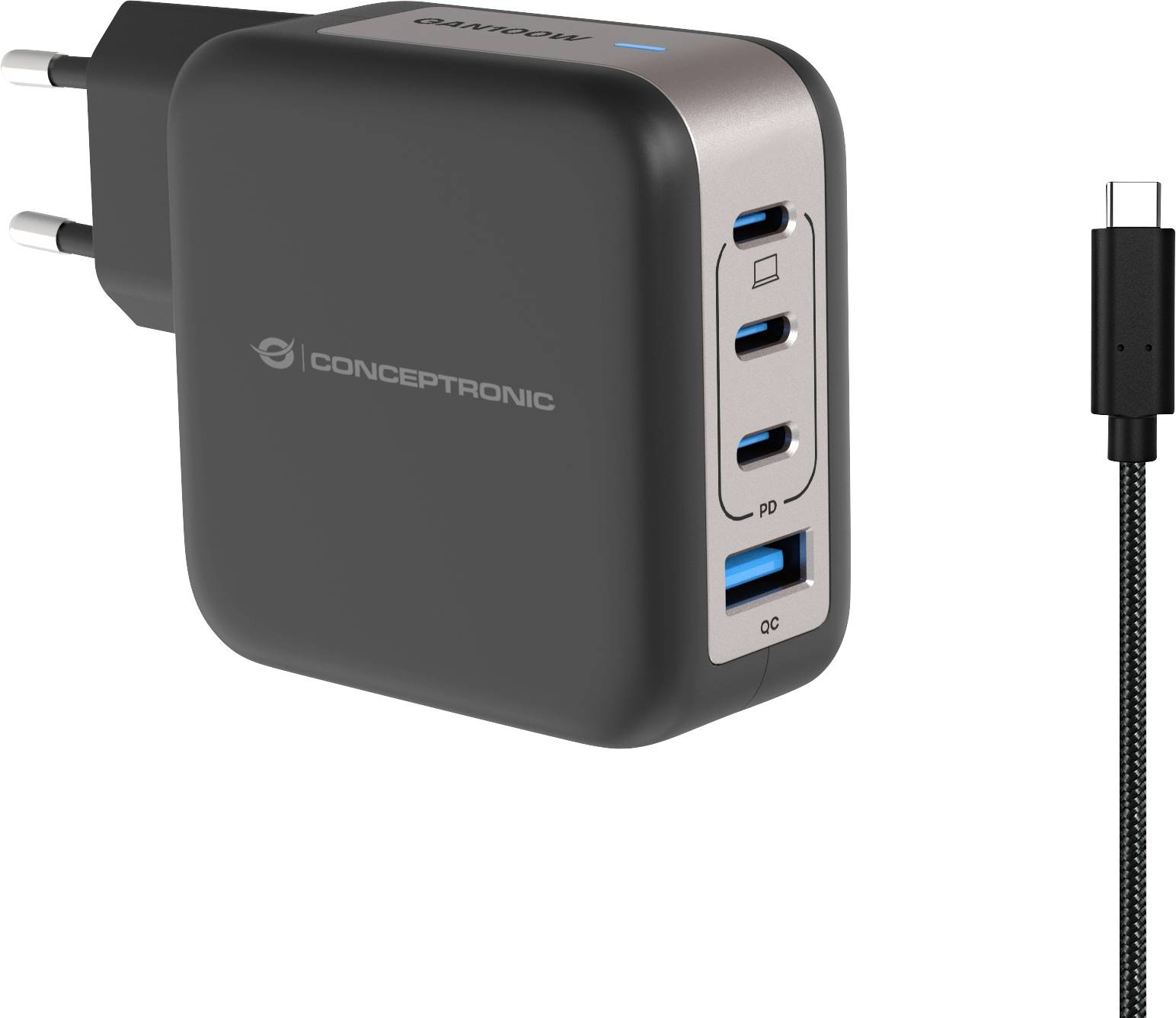 Concepttronic zidni punjač s dva ištaka, tri USB-C priključka, jedan USB-A priključak i USB-C kabel prikazan pored njega.