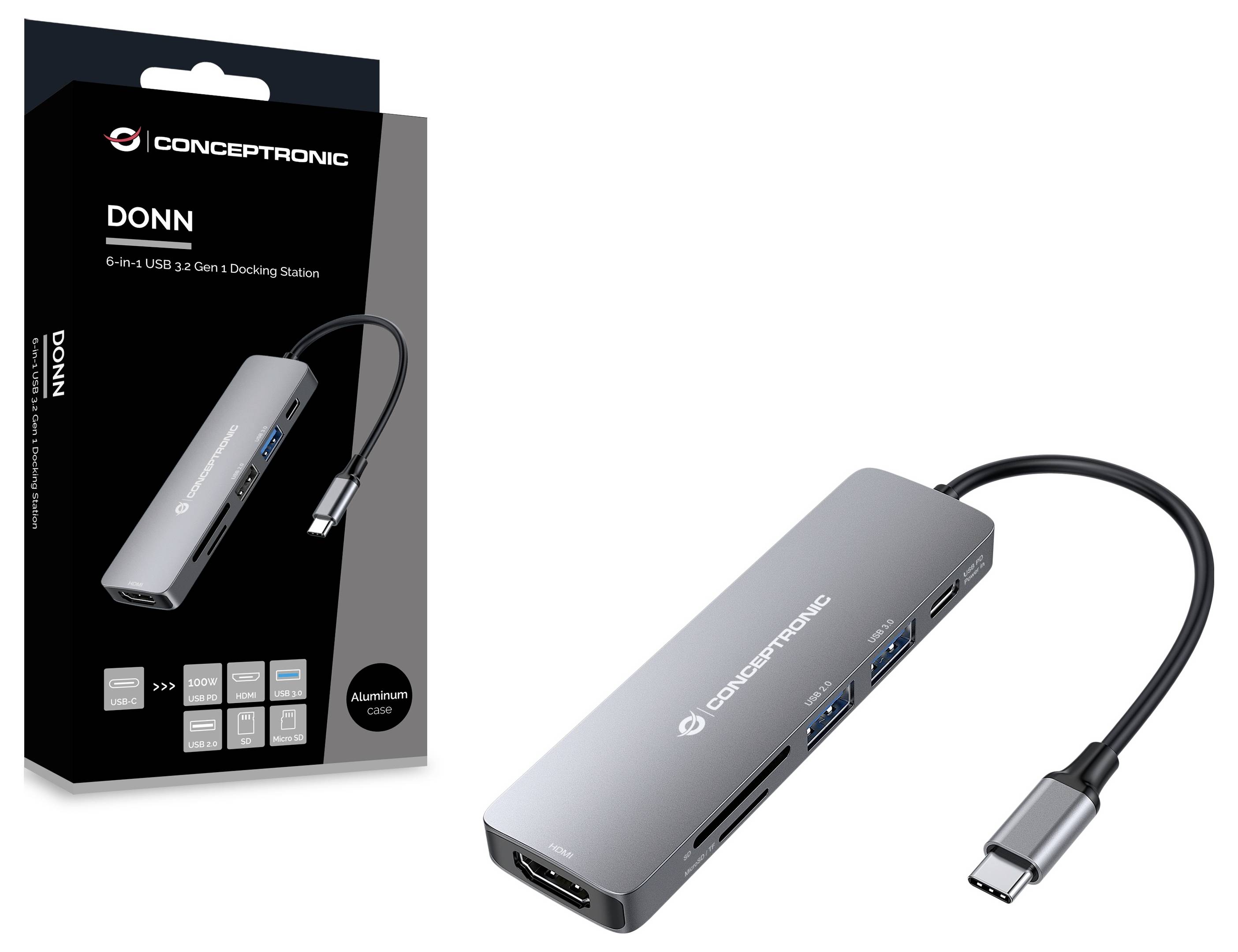 Conceptronic USB-C® priključna stanica DONN11G 6-in-1 USB 3.2 Gen 1 Docking Sta uklj. funkcija punjenja, USB-C® Power De-1