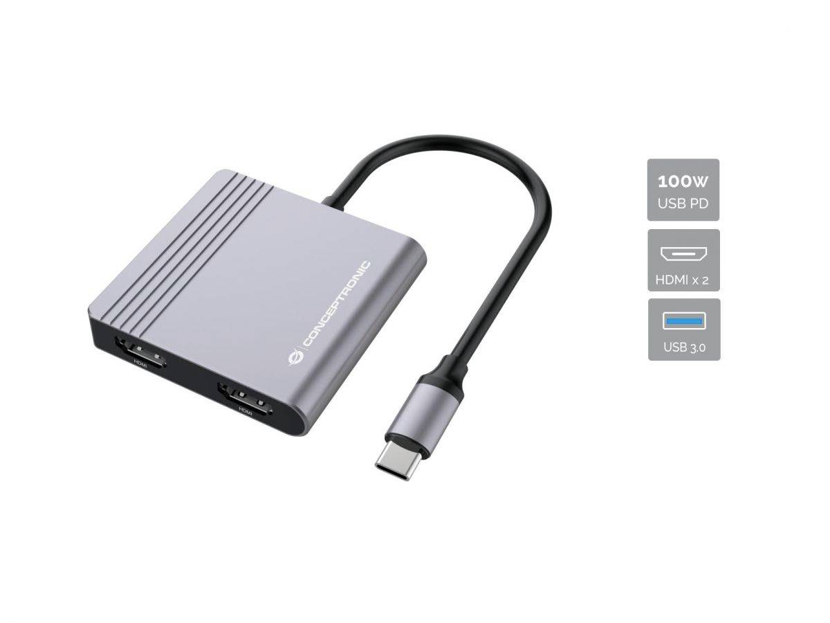 USB-C hub adapter s dva HDMI porta, jedan USB 3.0 port i 100W USB PD punjenje.