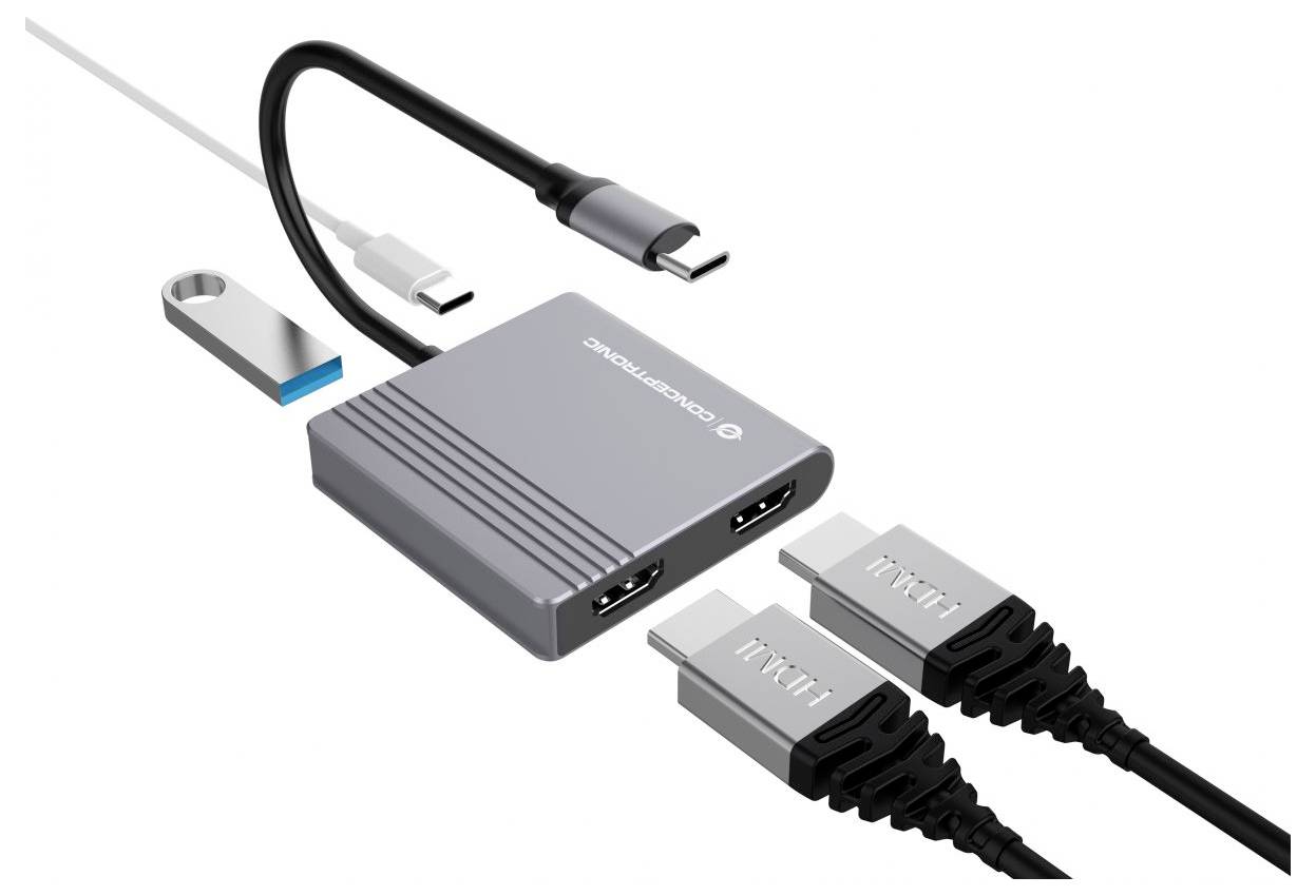 USB-C hub s pripojenim kablovima i konektorima, prikazuje kompaktan adapter s više priključaka i uključenim USB-A i USB-C vodičima.