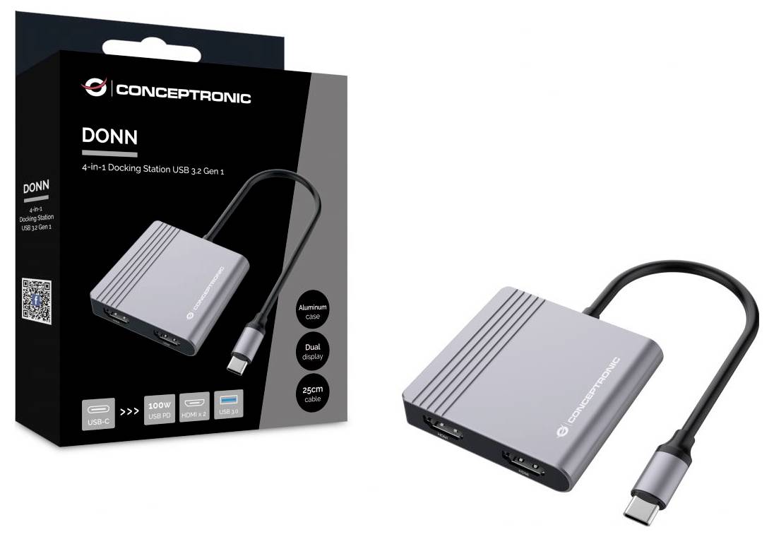 Conceptronic DONN 4-u-1 priključna stanica USB 3.2 Gen 1, prikazana s kutijom i srebrnim aluminijskim hubom s priloženim USB-C kablom.