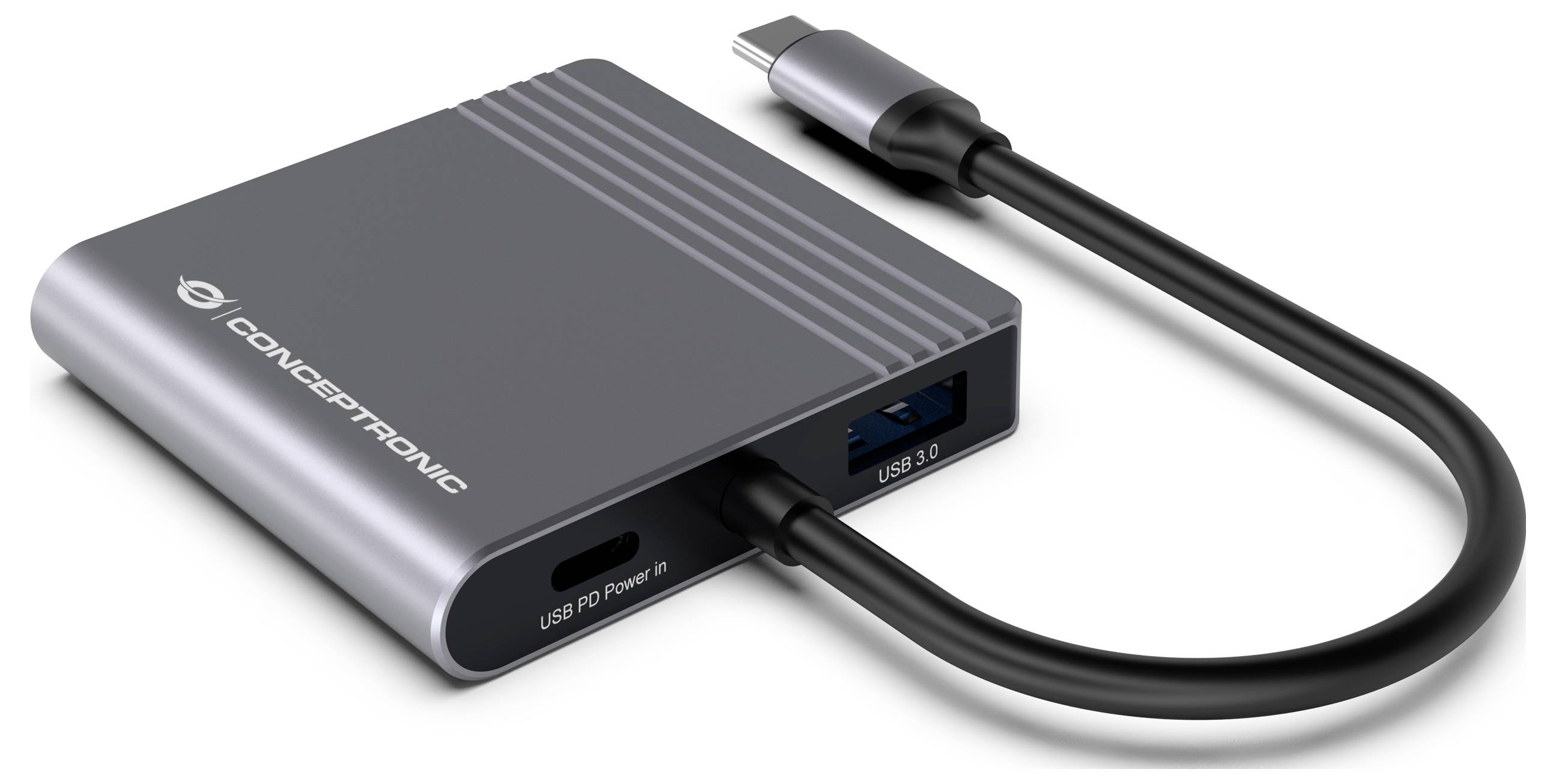 Kompaktan Conceptronic USB-C hub s ugrađenim kabelom, s portima označenim 'USB PD Power' i 'USB 3.0'.