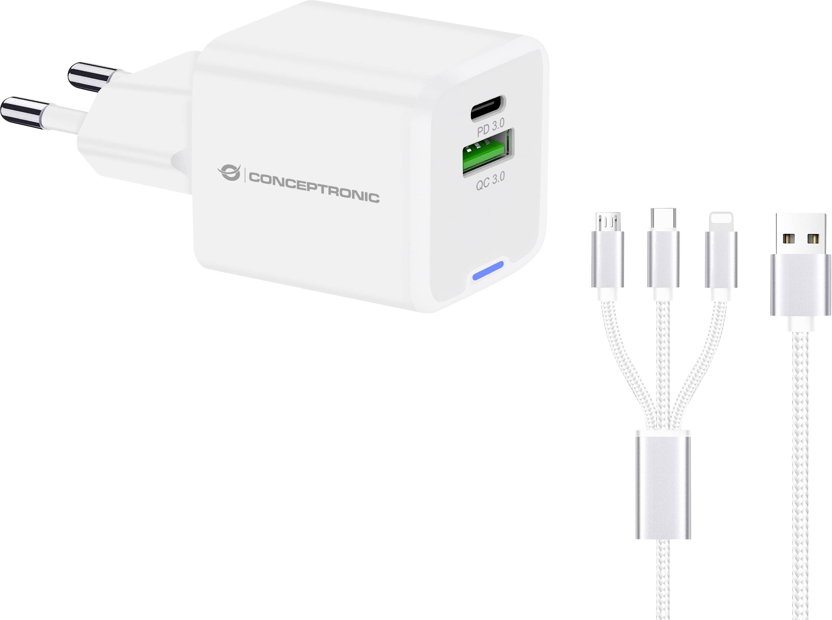 Bijeli Conceptronic USB zidni punjač s EU utičnicom, dva USB priključka označena s PD 3.0 i QC 3.0, prikazan s 3-u-1 kabelom za punjenje.