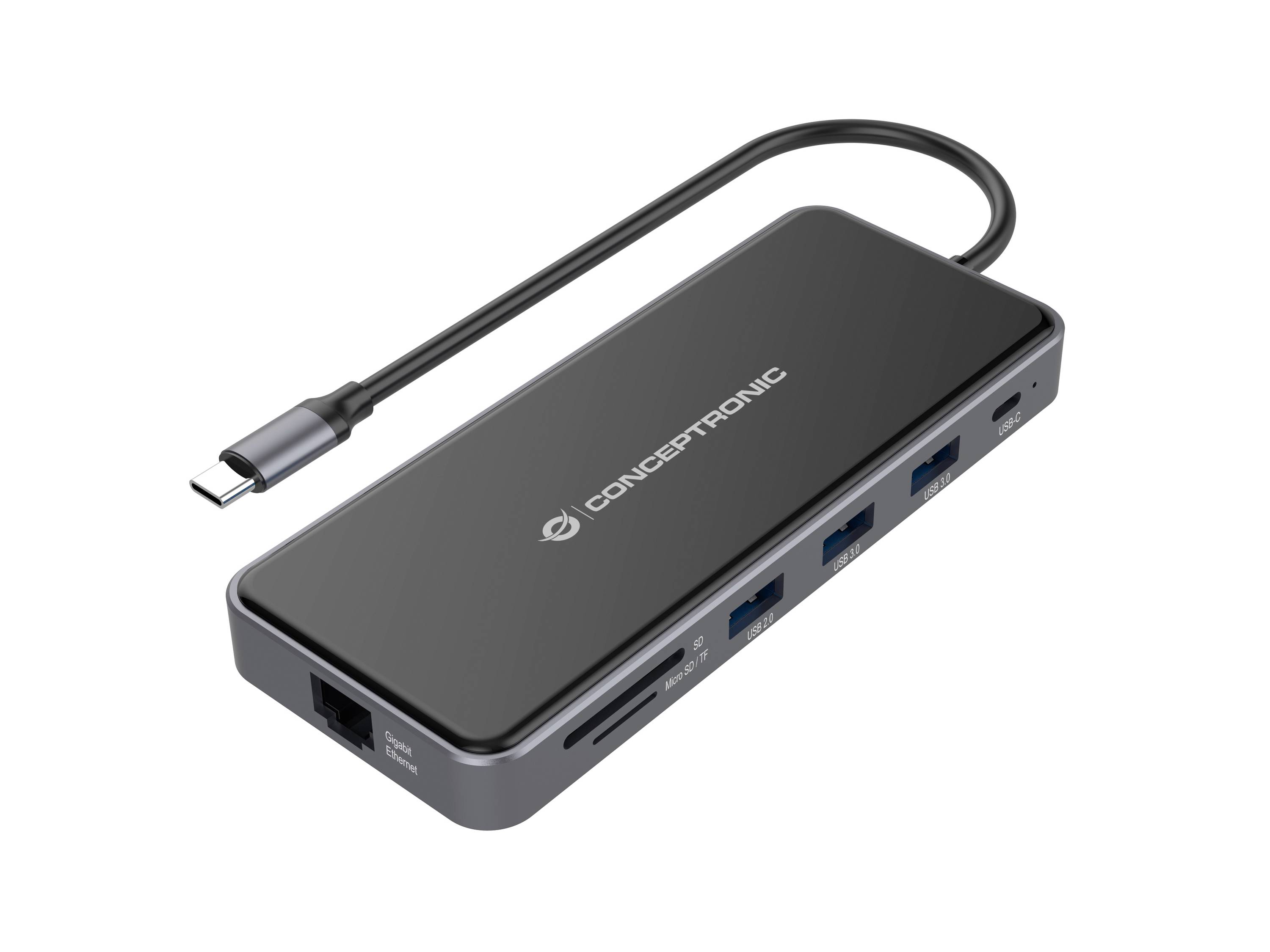 USB-C hub s priloženim kablom, više portova uključujući HDMI, USB i Ethernet, prikazan na bijeloj podlozi.