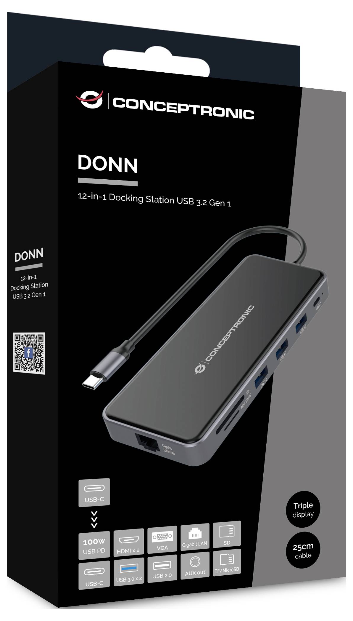Kutija stanice za spajanje Conceptronic DONN 12-u-1 koja prikazuje USB-C hub s priloženim kablom i ikonama priključaka, označena sa 'Trostruki prikaz' i '25cm kabel'.