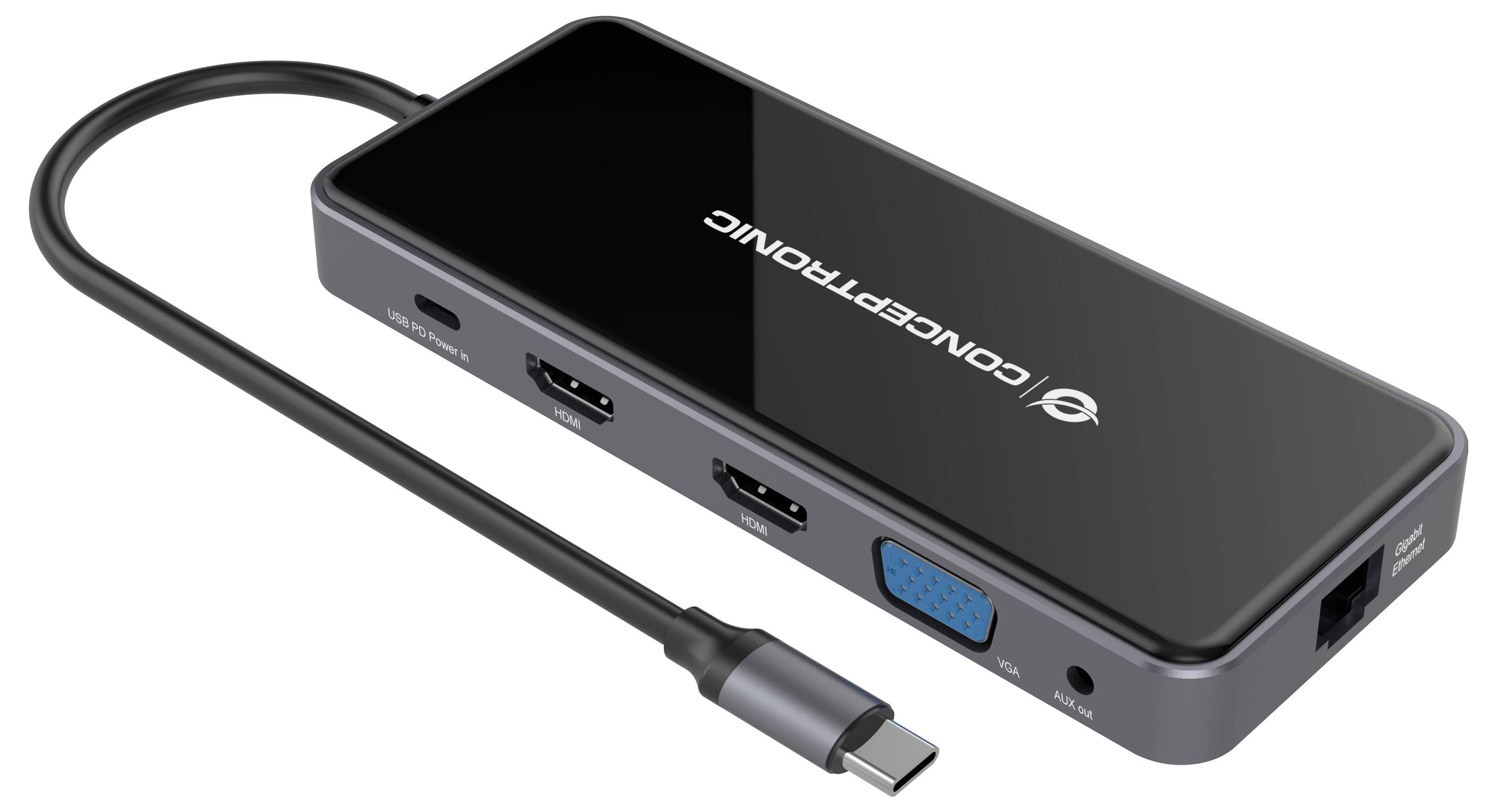 USB-C hub s priloženim kabelom, dva HDMI porta, VGA, Ethernet i audio priključak, prikazano na bijeloj pozadini s brendom 'ICONNECTRONIC'.