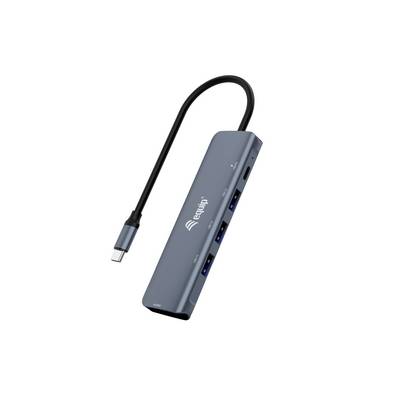 USB-C hub adapter s tri USB-A porta i HDMI priključka, prikazan s priloženim kratkim USB-C kablom na bijeloj pozadini