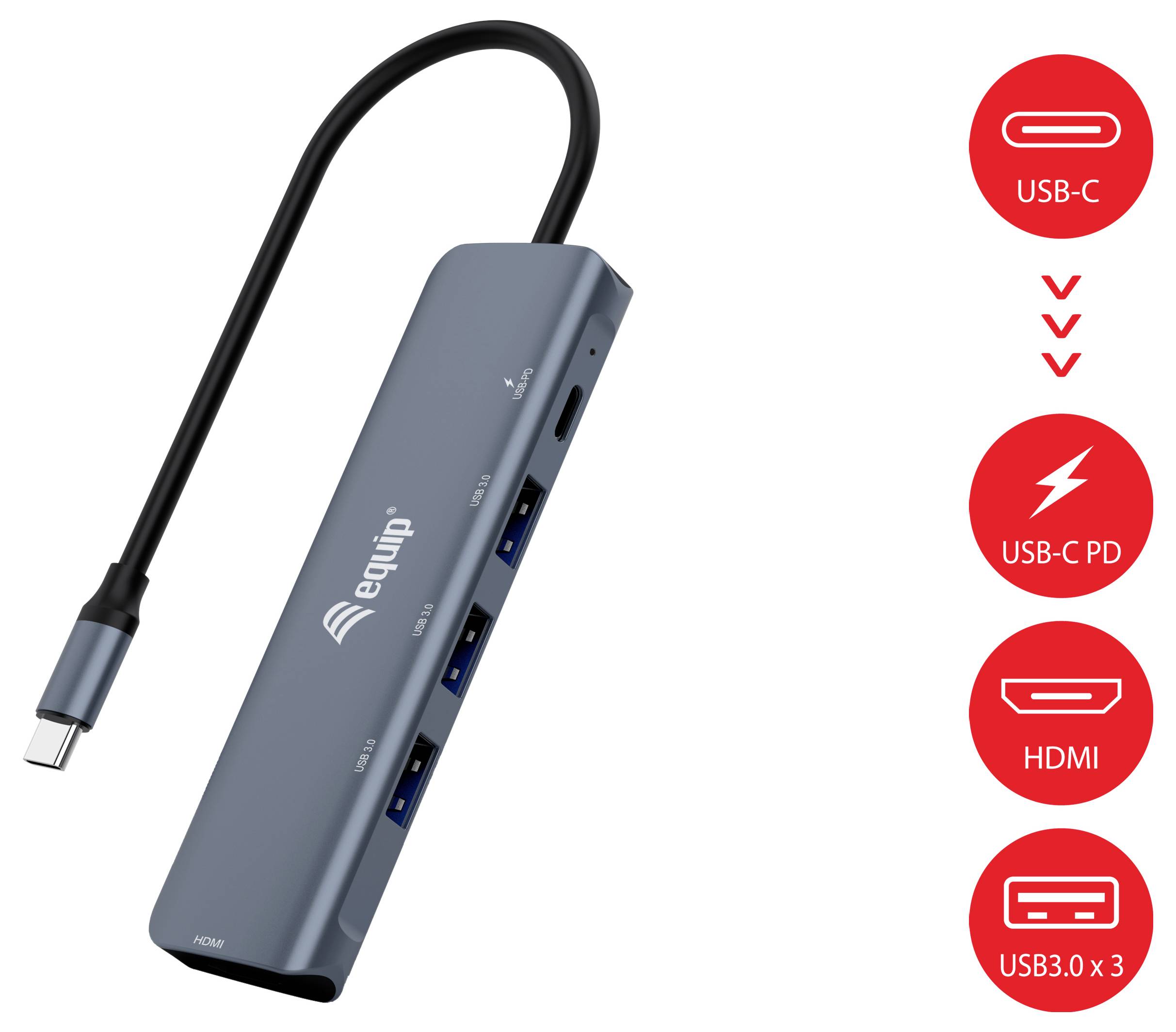USB-C razdelnik sa priključenim kablom, prikazujući USB-C PD, HDMI i tri USB 3.0 priključka kao podržane konekcije.