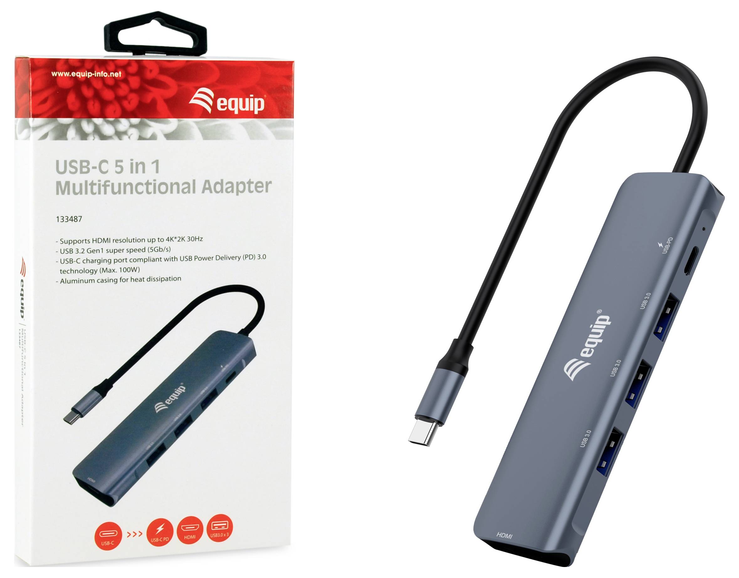 Paket i fotografija proizvoda 'equip' USB-C 5-u-1 višenamjenskog adaptera, koji pokazuje kutiju i sivi hub s priloženim kablom i više portova.