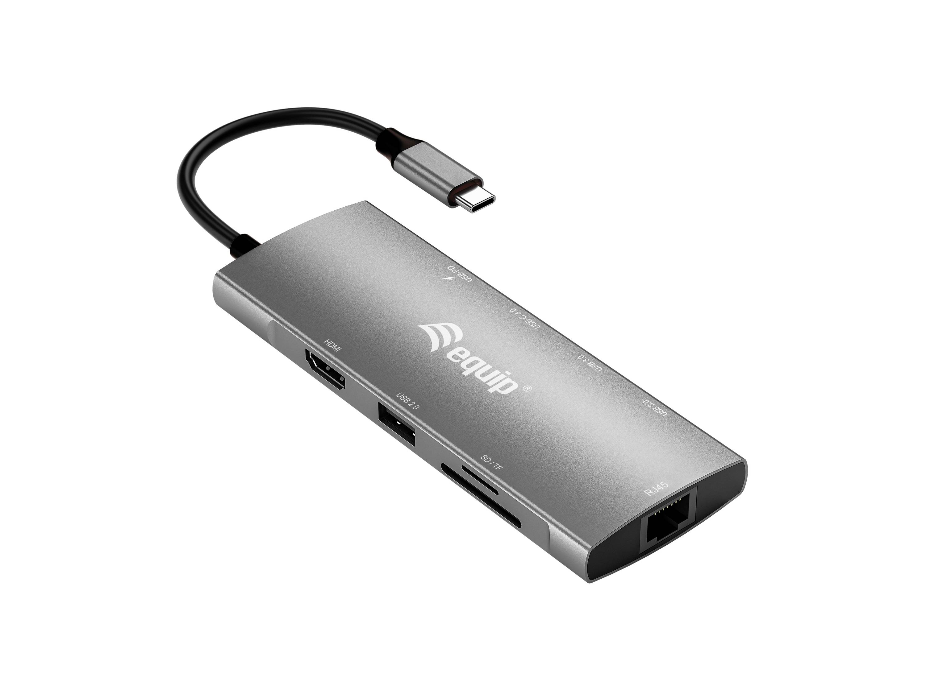 USB-C hub s više priključaka, uključujući Ethernet i USB veze, prikazan na bijeloj pozadini.