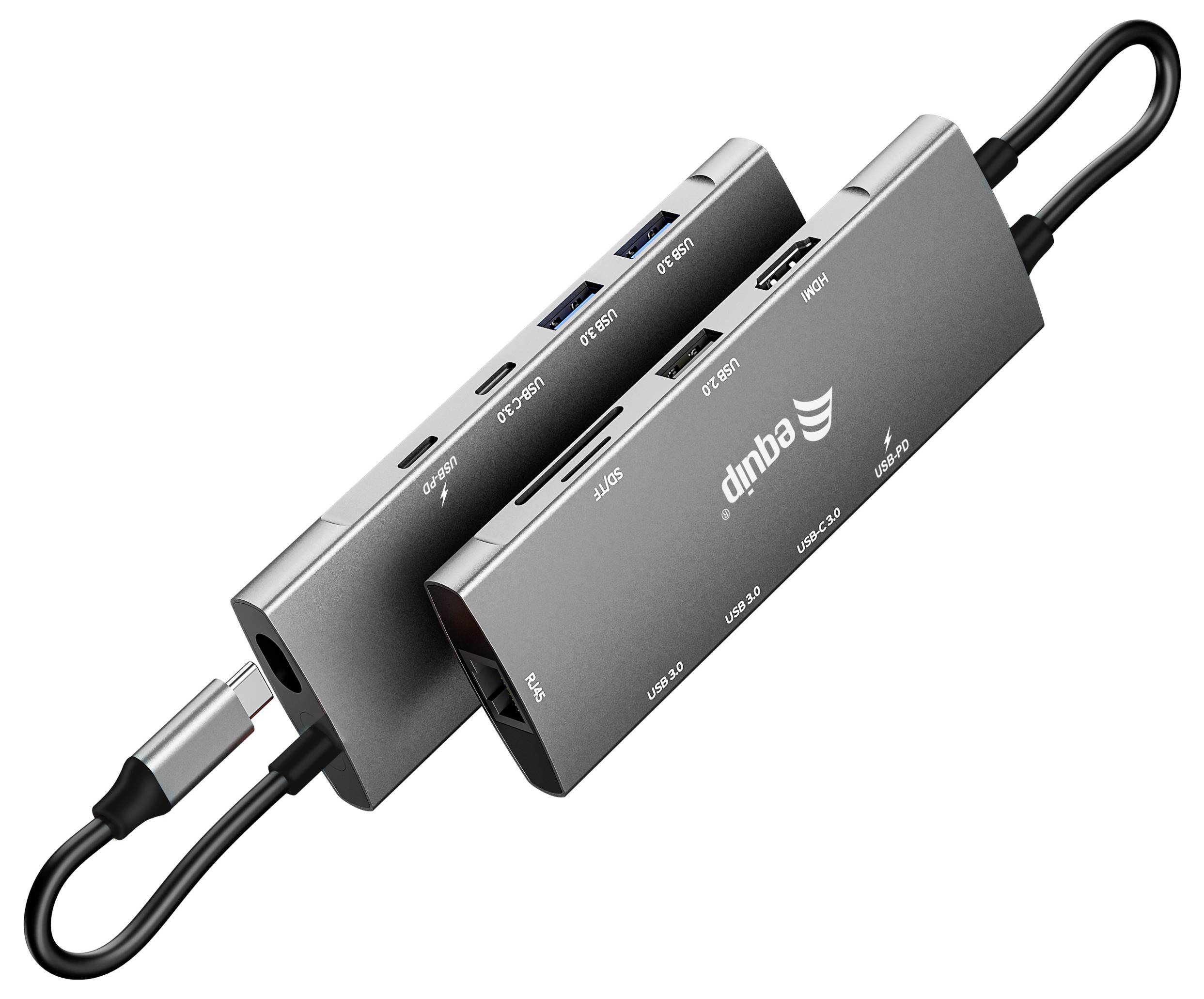 Dva crna USB-C hub adaptera spojena jedan pored drugoga, s više priključaka i kabelom prikačenim na svakom kraju.