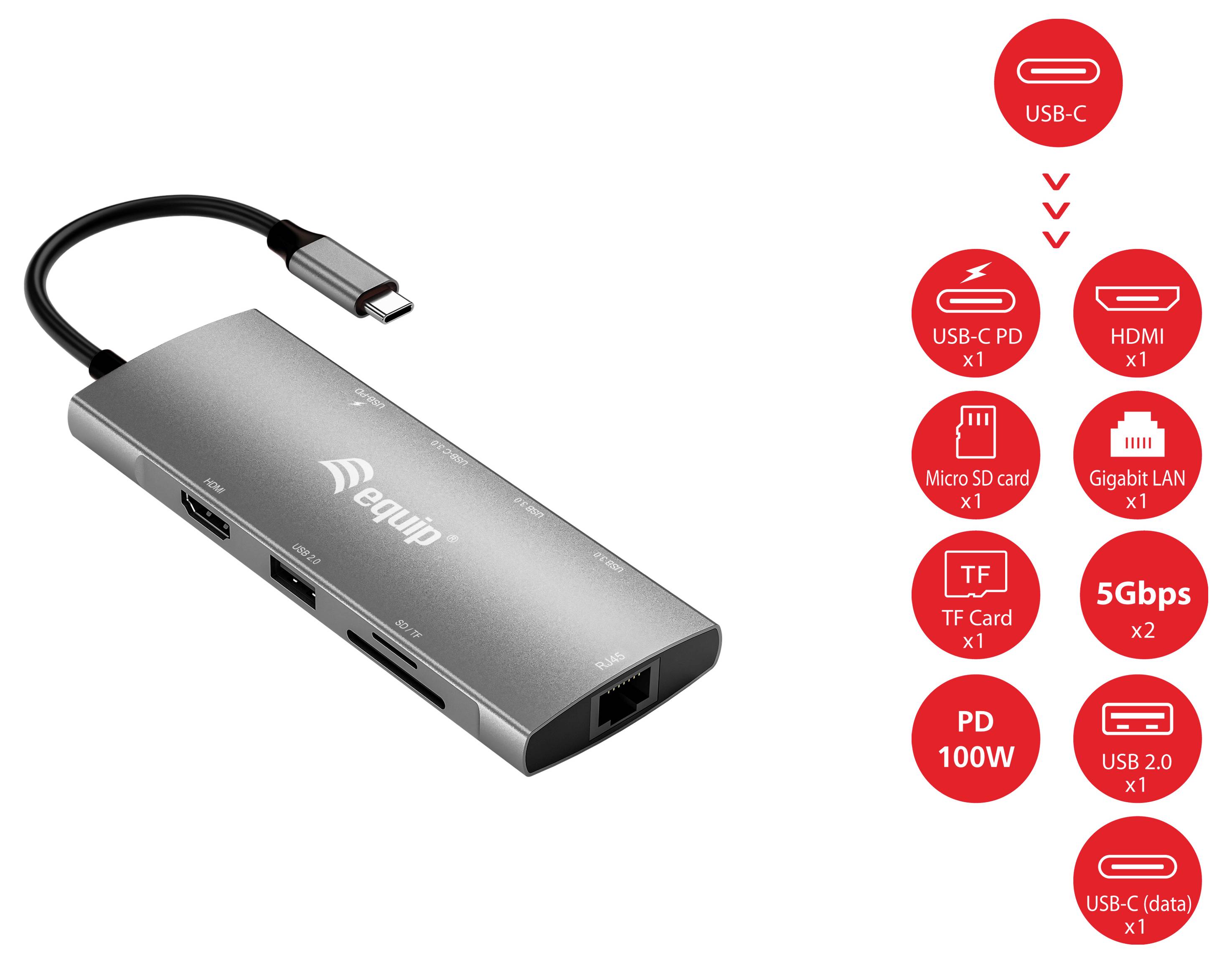 USB-C multiport hub adapter s HDMI-om, Gigabit LAN-om, utorima za Micro SD i TF kartice, USB 2.0 portima, USB-C prijenosom podataka i podrškom za 100W PD.