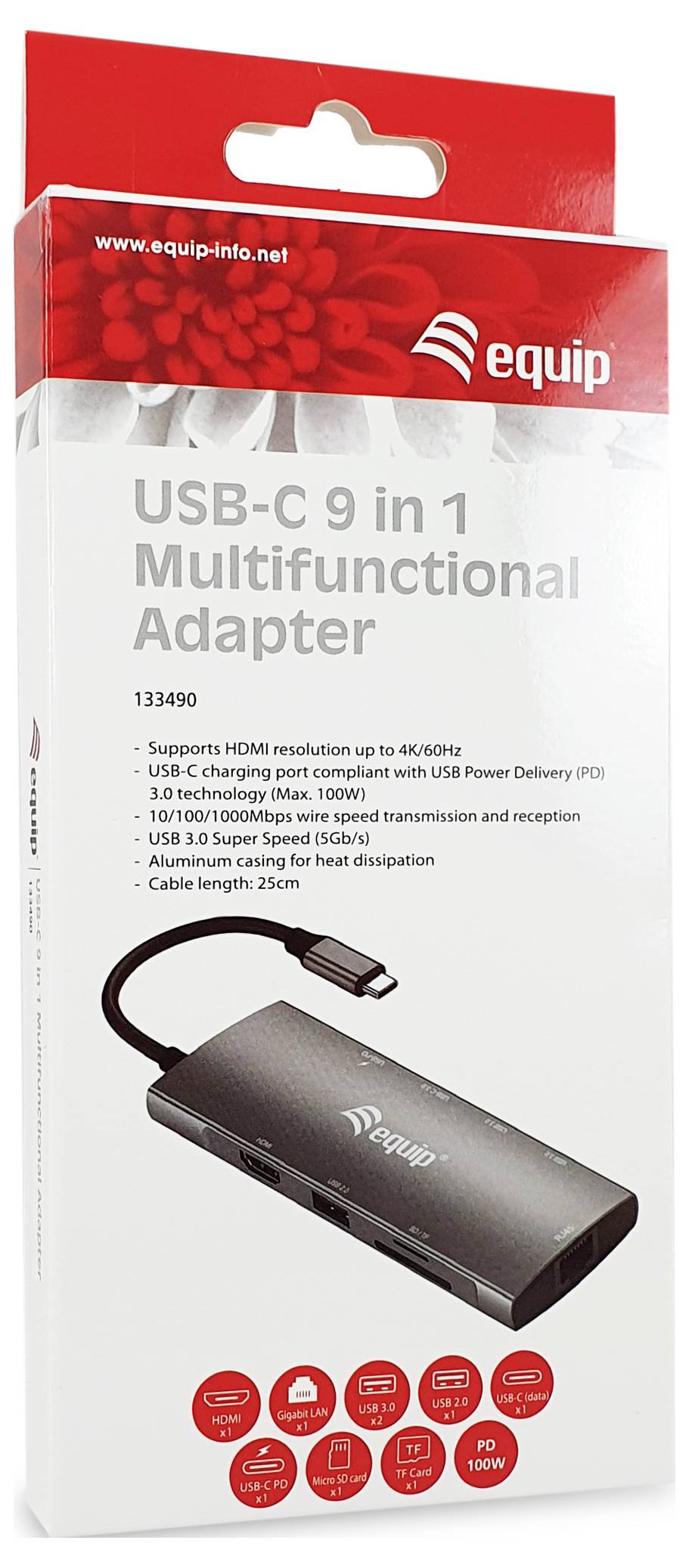 USB-C 9u1 multifunkcionalni adapter tvrtke equip, pokazujući USB-C hub sa HDMI, USB-A, SD/microSD, Ethernet i napajanjem funkcijama.