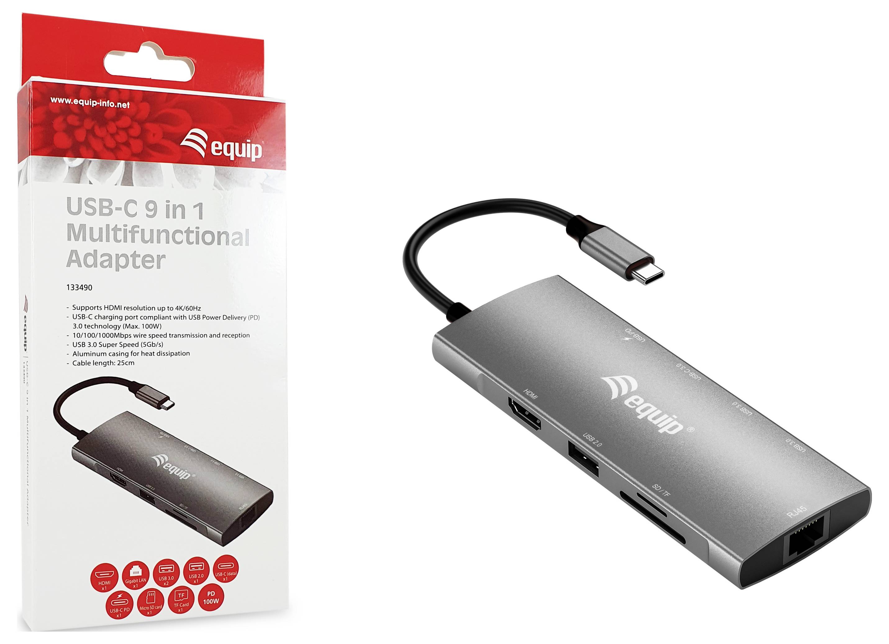 Fotografija proizvoda Equip 'USB-C 9 in 1 Multifunkcionalni adapter' s pakiranjem, prikazujući USB-C hub s više priključaka i priloženim kablom.