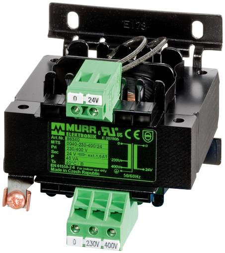 Murr Elektronik modul napajanja sa zelenim terminalnim blokovima i označenim spojevima napona, montiran u crnoj metalnoj kućištu.