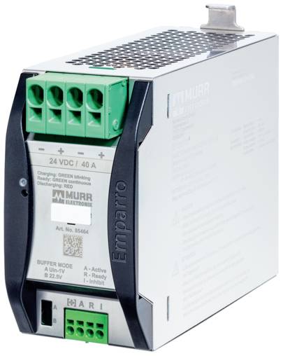 Industrijski Murr Elektronik 24 VDC 40 A modul napajanja sa zelenim terminalnim konektorima i metalnom kućištem, prikazan na bijeloj pozadini