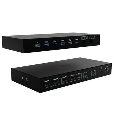 Dva pogleda na crnu kutiju AV sklopnika s više plavih USB priključaka, HDMI ulaza i izlaza te kontrolnih gumba na bijeloj pozadini.