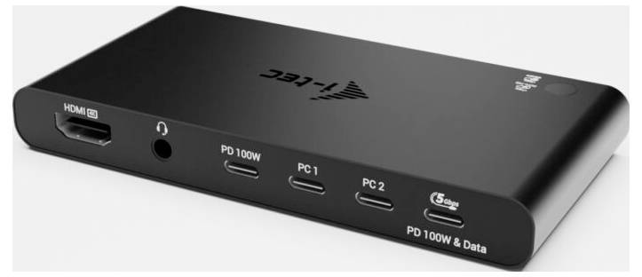 Crna multiportna KVM kutija za prebacivanje sa HDMI, audio, USB-C i oznakama portova PC1/PC2, podržavajući isporuku snage od 100W i prijenos podataka.
