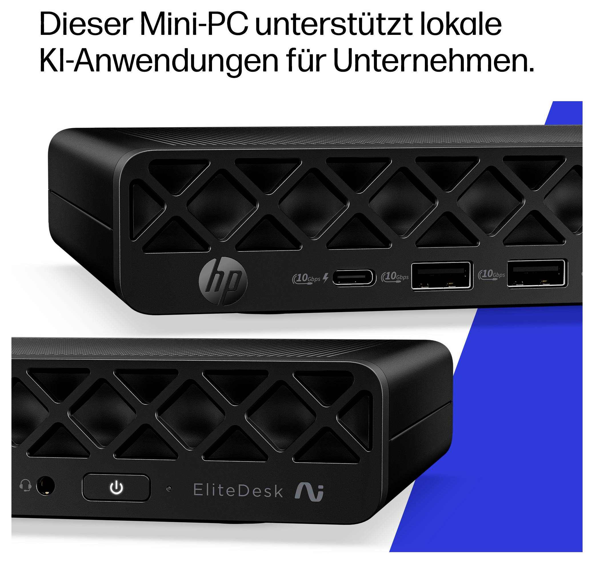 HP EliteDesk Mini-PC prikazan sprijeda i sa strane, s hrvatskim tekstom koji kaže da podržava lokalne AI aplikacije za poduzeća.