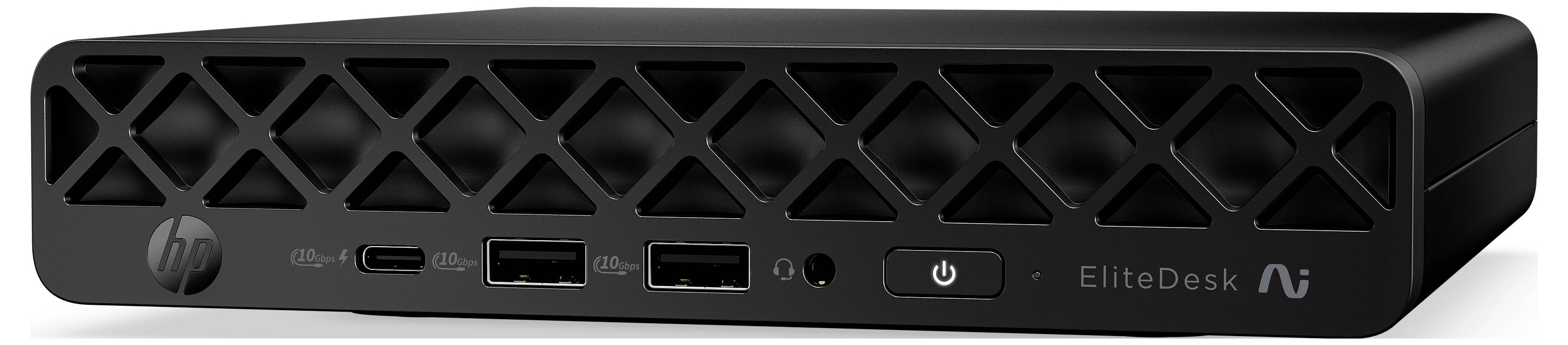 Pogled sprijeda HP EliteDesk Mini stolnog računala koje pokazuje ventilacijsku mrežu, USB priključke, priključak za slušalice, tipku za napajanje i EliteDesk brendiranje.
