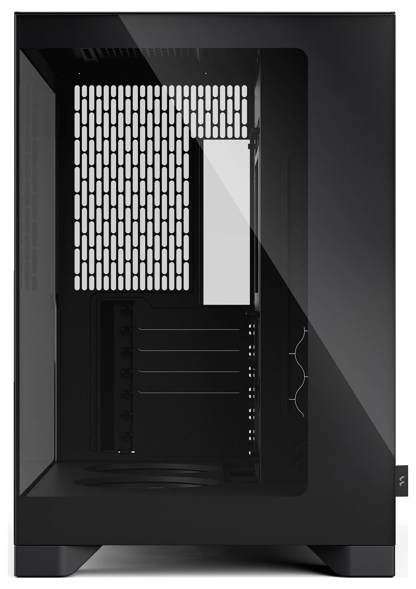 Crni desktop PC kućište sa staklenim bočnim panelom i prednjom mrežastom zaštitom, prikazujući praznu internu strukturu.
