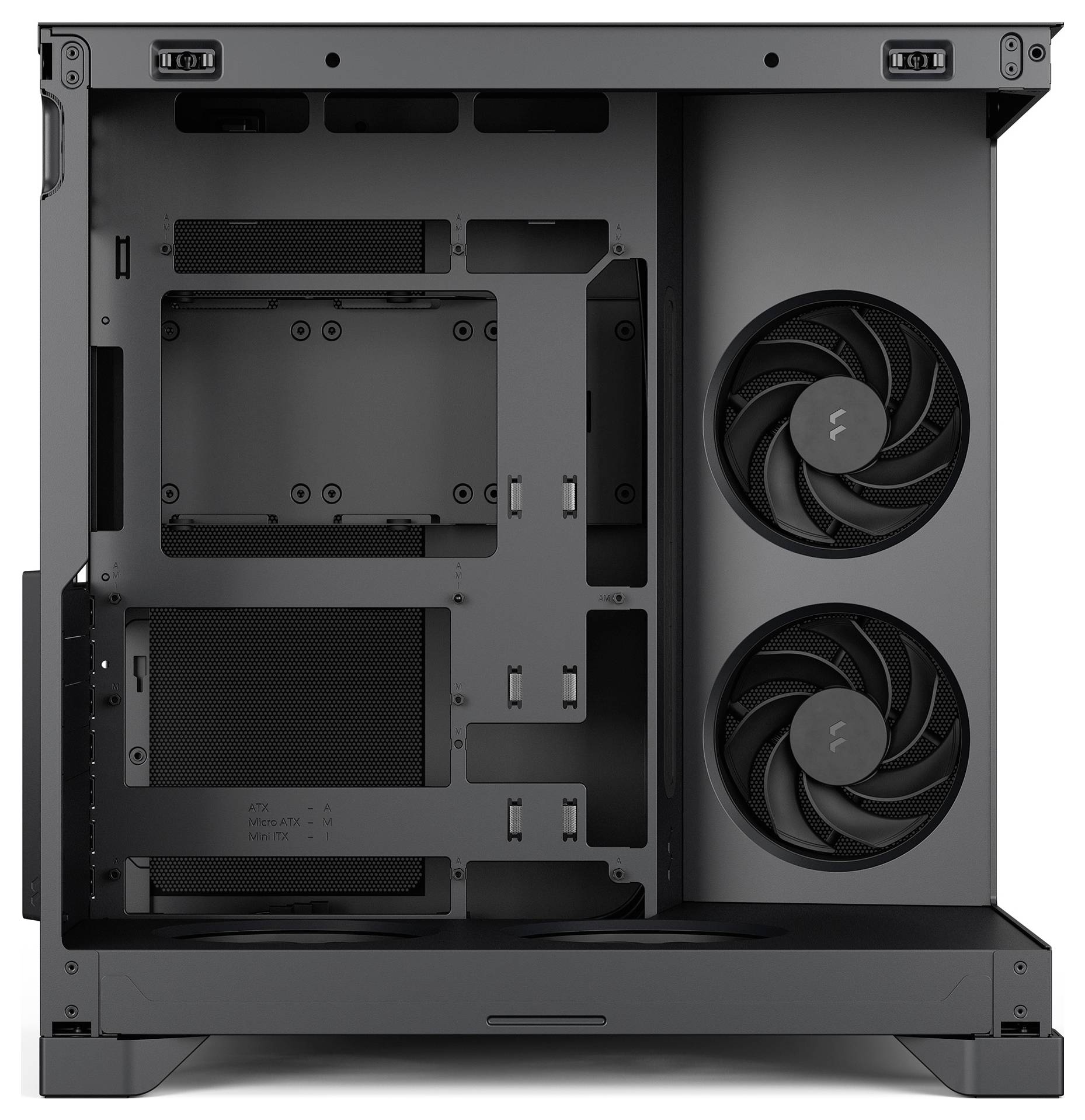 Unutrašnjost prazne crne računalne kućišta s dva bočno postavljena ventilatora na desnoj strani i nosačima za montažu komponenti na lijevoj strani.