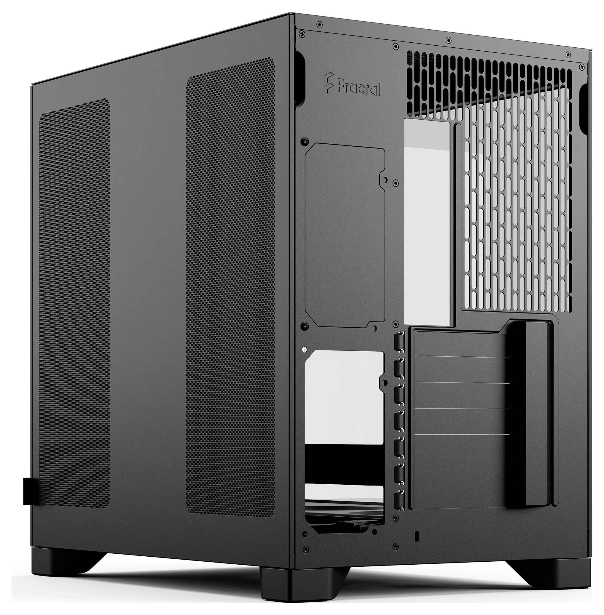 Kućište za PC Fractal Design prikazano u sivoj boji, pogled s prednje i bočne strane s ventiliranim panelima i prednjim I/O portima.