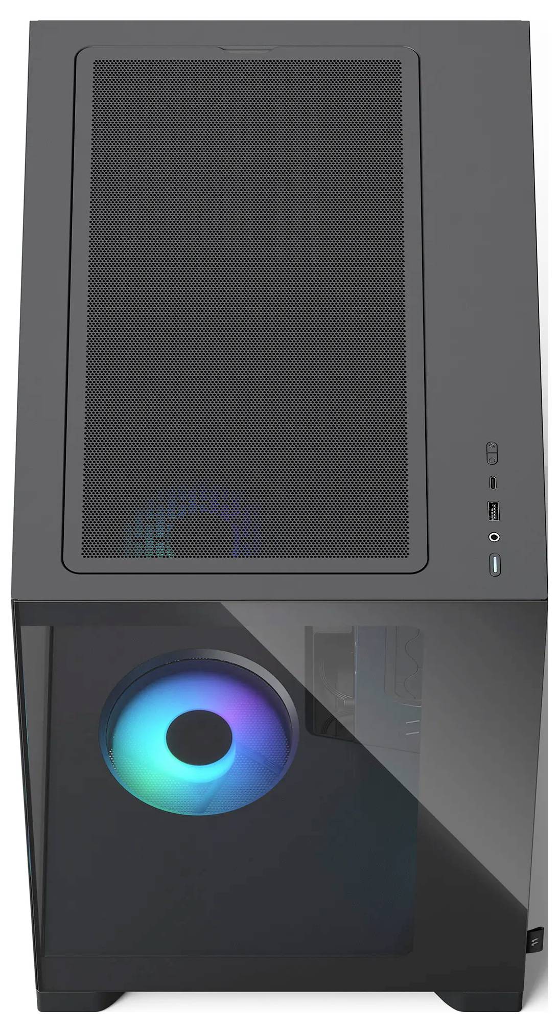 Crni stolni PC toranj sa velikim prednjim mrežastim panelom, sjajnim plavim RGB ventilatorom i vertikalnim portima za napajanje i USB priključcima na desnoj strani