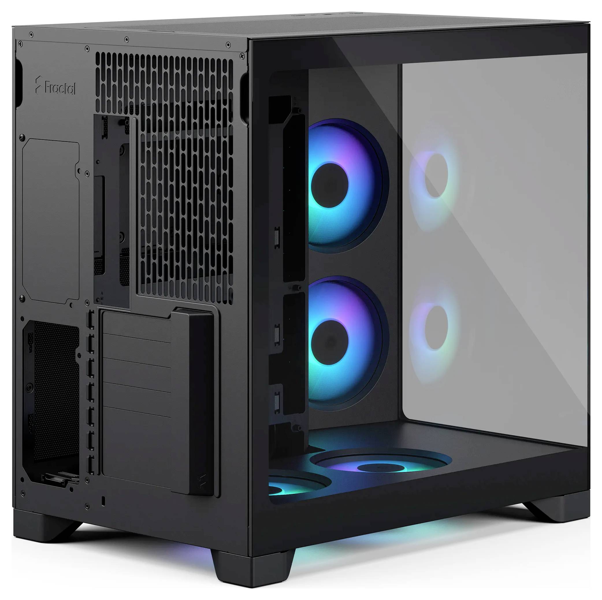 Crni kućište za desktop PC s zatamnjenim bočnim panelom, koji pokazuje tri sjajećih plavo-ljubičastih RGB ventiladora u unutrašnjosti.