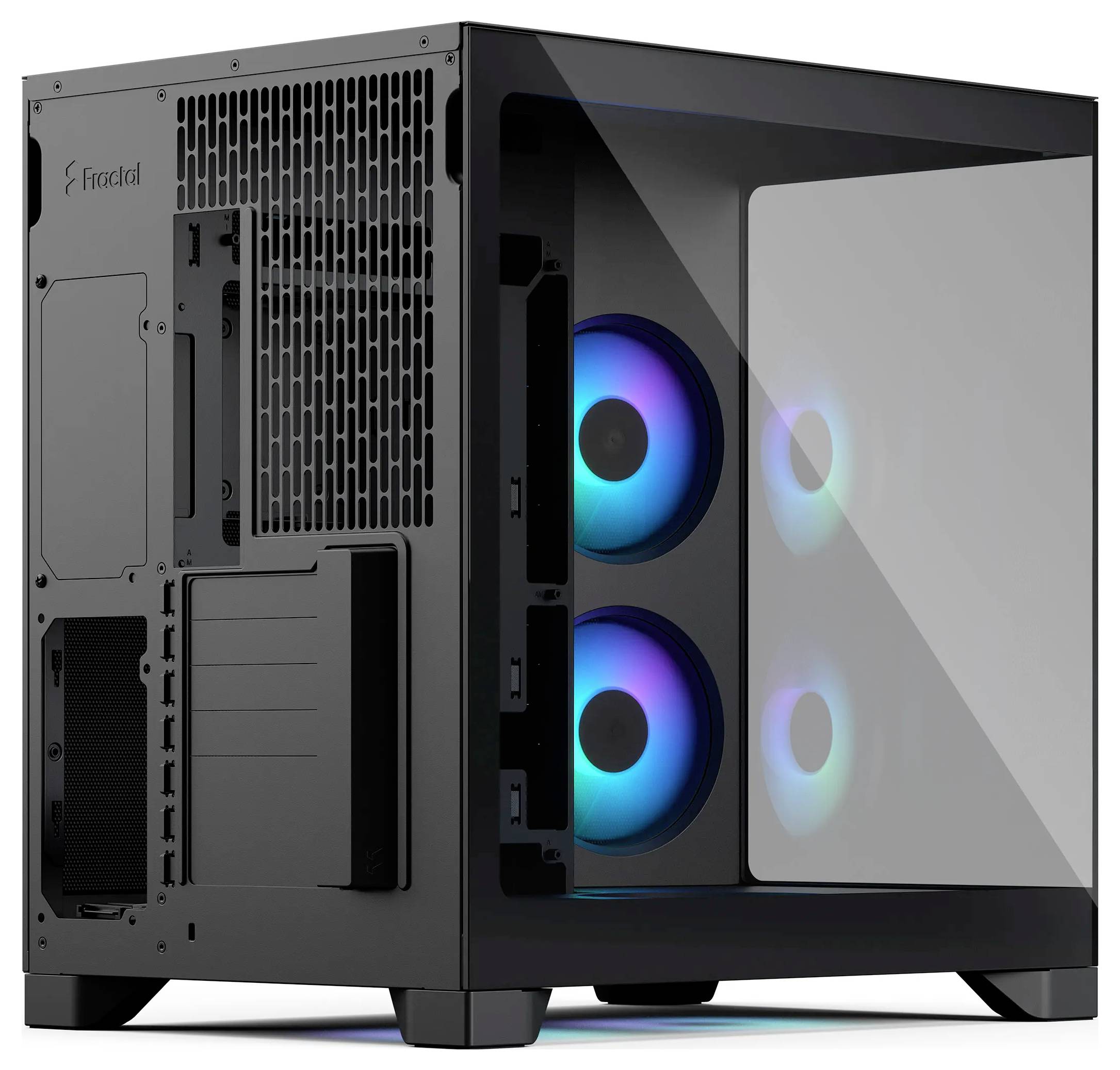 Crna slučaj za računalo s fraktalnim dizajnom, bočni panel od kaljenog stakla i dva sjajuća plava RGB prednja ventiladora.