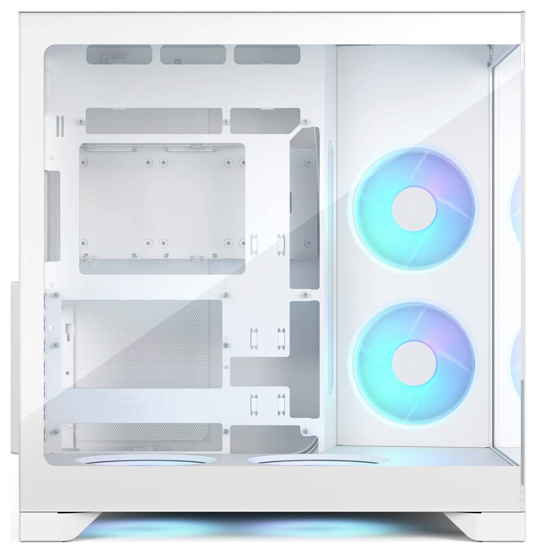 Bijelo kućište za gaming PC s bočnom panelom, koje prikazuje dva osvijetljena plava RGB ventilatora i prazan interijer za komponente.
